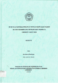 Image of HUBUNGAN KINERJA PERAWAT DENGAN KEPUASAN PASIEN DI UNIT HEMODIALISA RUMAH SAKIT PERMATA CIREBON TAHUN 2018